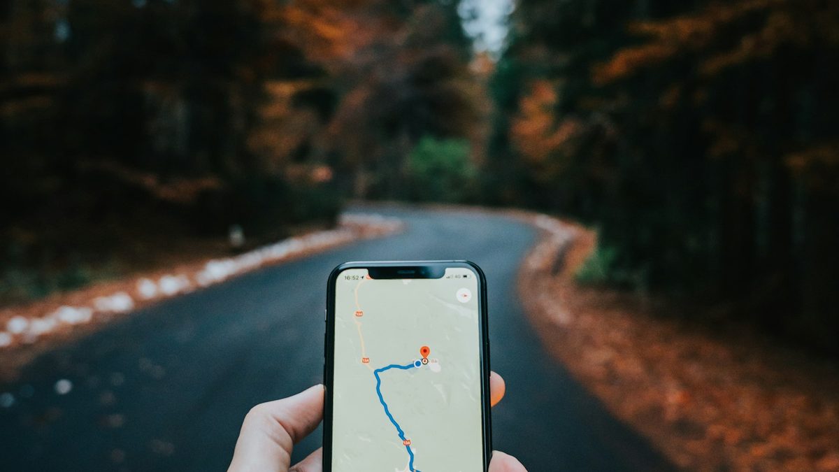 Main tenant un smartphone qui affiche un itinéraire sur une route de forêt